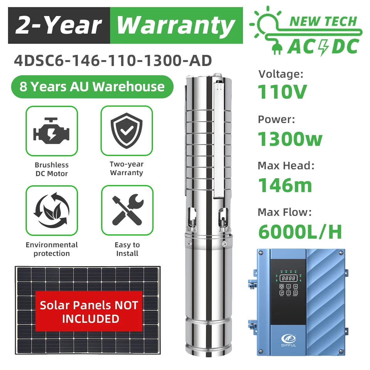 DIFFUL 4" 110V 1.3KW Solar Water Pump AC/DC Hybrid 146m High Head Deep Well