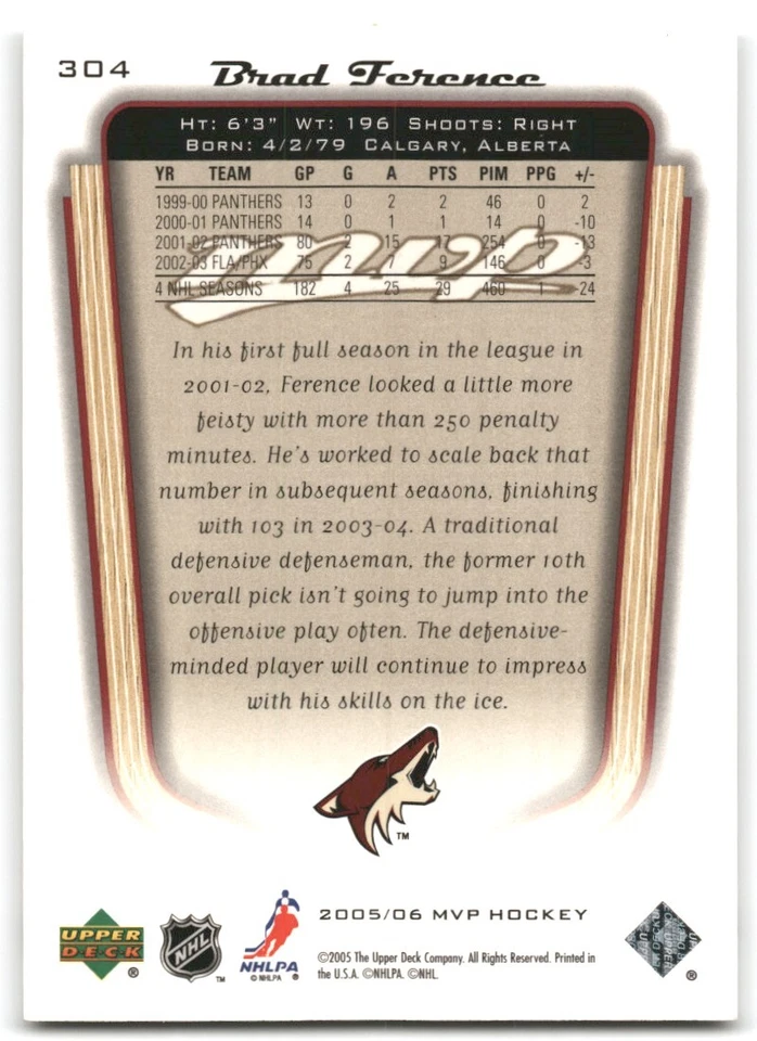 2005-06 UPPER DECK MVP GOLD /100 #304 BRAD FERENCE - Image 2 of 2