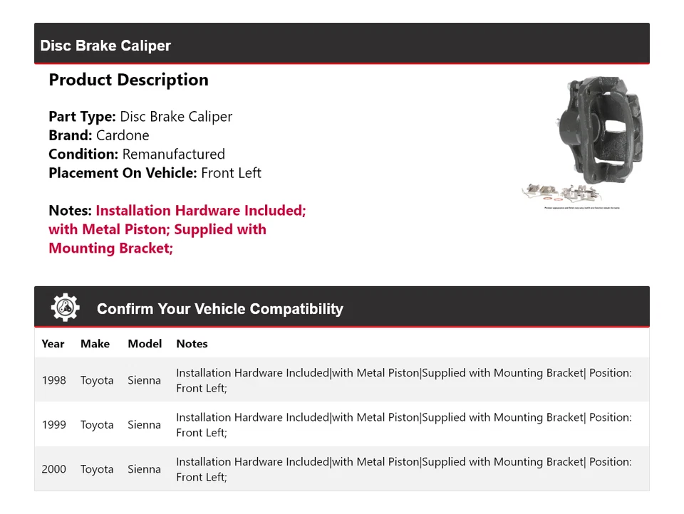 Pinza de freno de disco delantera izquierda cardone 1999 para Toyota Sienna 1998-2000 Foto 2 de 4