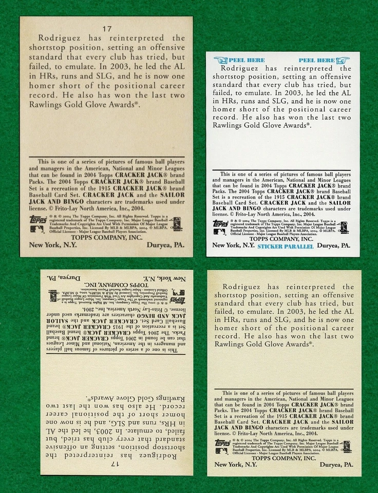 Lot of FOUR Vars 2004 Topps Cracker Jack #17 Alex Rodriguez BLUE, MINI, sticker - Image 2 of 4