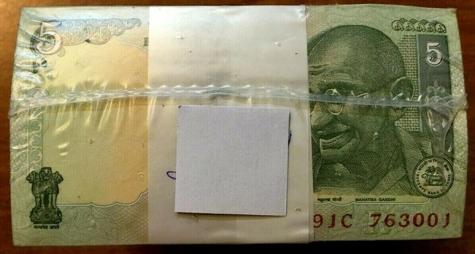 INDIA 5 RUPEES NEW GANDHI UNC 10 BUNDLE LOT x 1000 PCS Brick MONEY BANK NOTE - Image 4 of 4