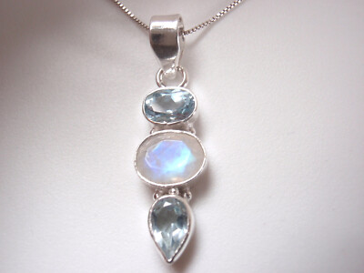 Faceted Blue Topaz and Moonstone 3-Gem 925 Sterling Silver Pendant