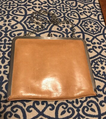 Hobo International Tan Leather Handbag Framed Chain Link Strap SLIM Silver Tone