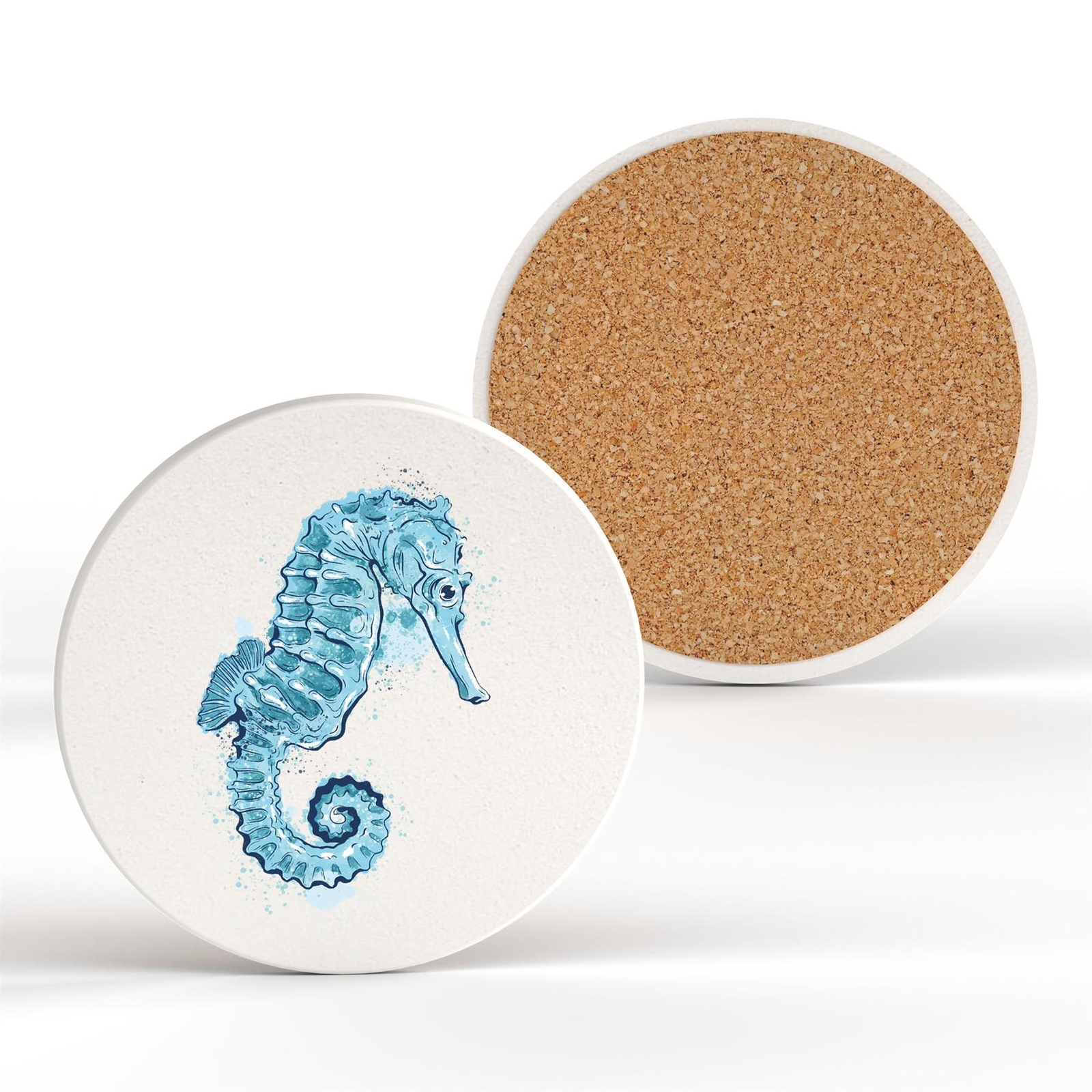 WATERCOLOUR SEA HORSE SHORELINE BLUE CERAMIC ROUND COASTER