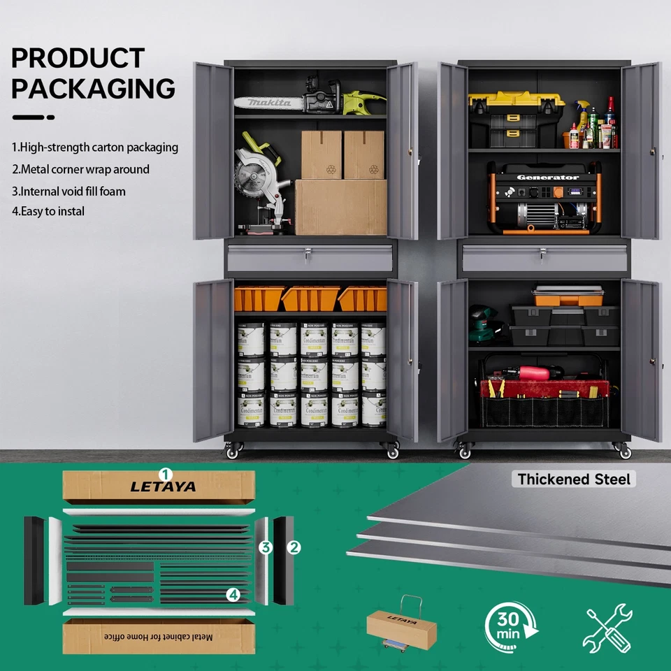 Armario de almacenamiento de metal con 4 puertas y cajón, armario de garaje enrollable con ruedas Foto 3 de 4