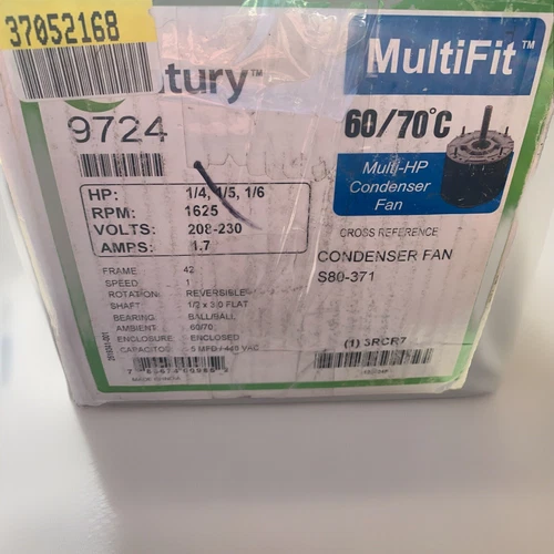 9724 Century 1/4,1/5, 1/6 Hp, 1625 RPM, 208-230V, 1.6A, Motor