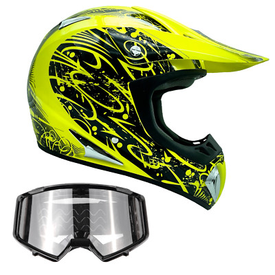 Yellow Hi-Viz Adult ATV Helmet Combo Black Goggles DOT ATV UTV Off-Road Dirt MX