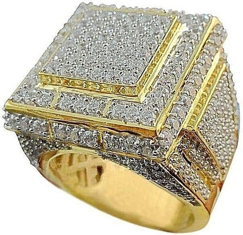 Ring.Mens 18K Gold Plated CZ Rhinestone Square Fashion Gents Party Ring New UK Q