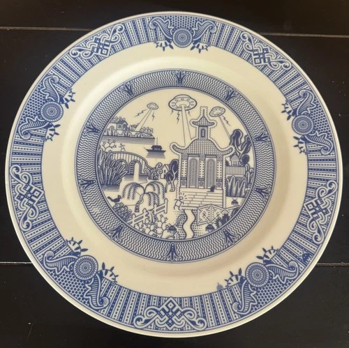 Calamityware Dinner Plate #4 “UFO Invasion” by Don Moyer Blue & White READ