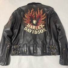 Harley Davidson Leather Jacket Large Flames Eagle Black Biker Vintage
