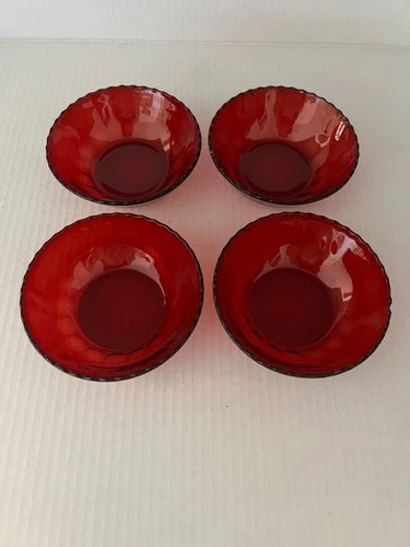 4 Vtg Anchor Hocking Royal Ruby Red Glass Bowls Berry 4.75" Thumbprint **chip
