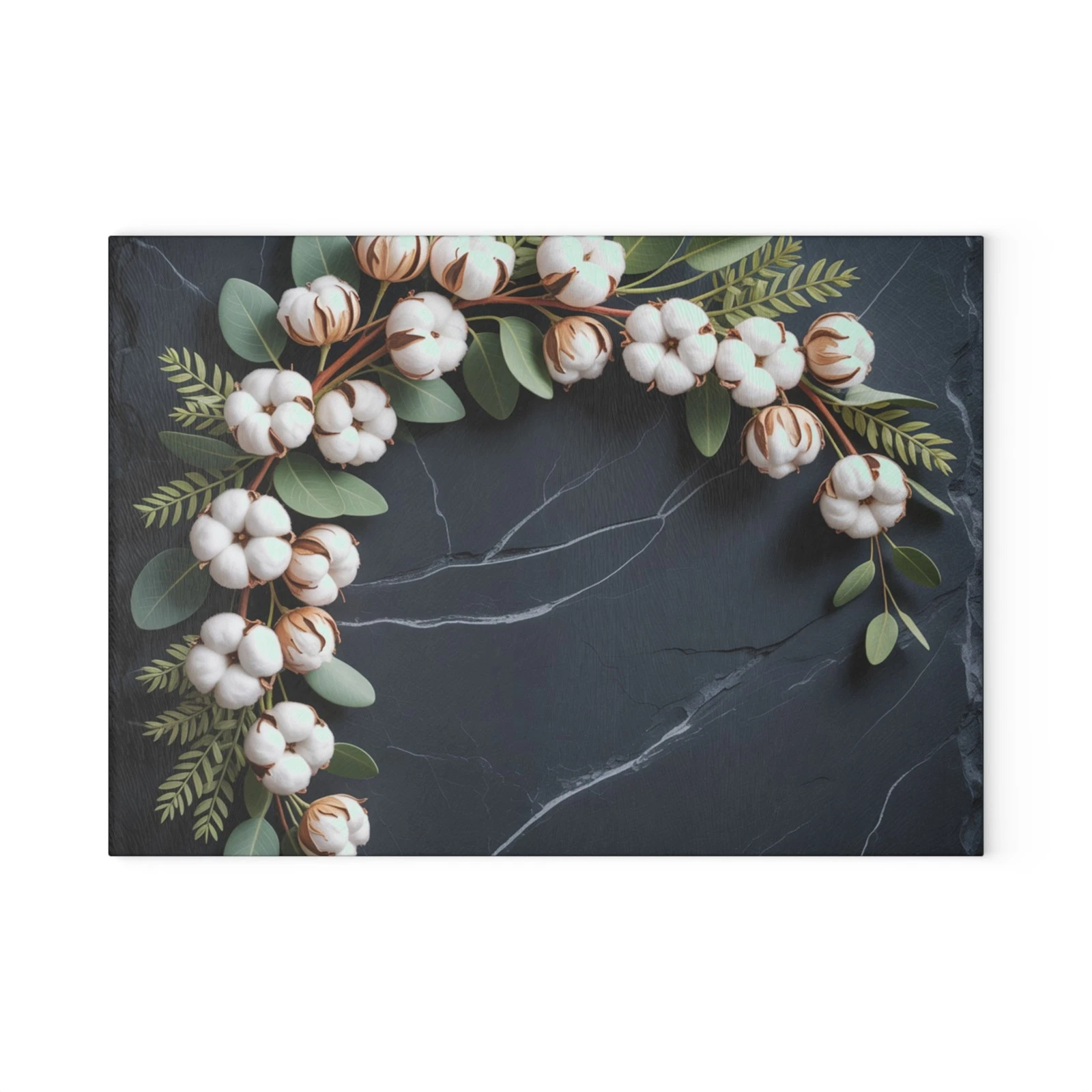 Cotton Stem Wreath Glass Cutting Board | Floral Kitchen Decor