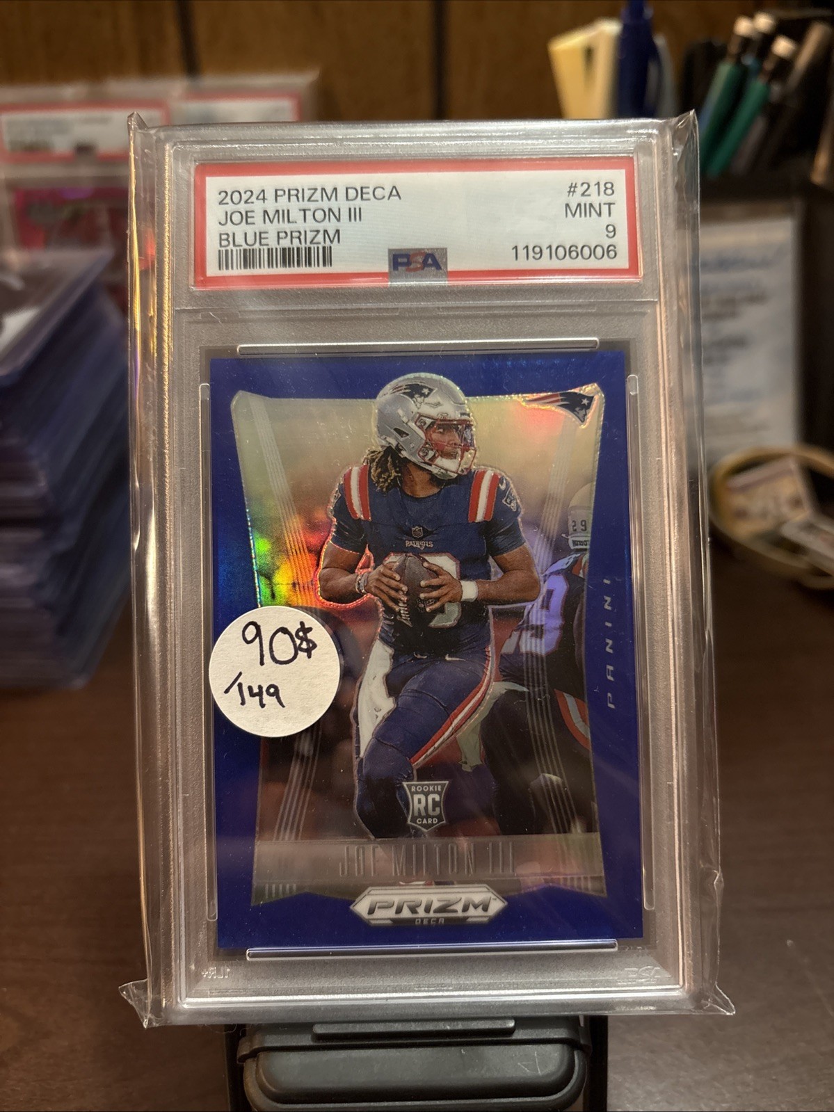 2024 Panini Prizm Deca Joe Milton III #218 Blue Prizm /149 (RC) PSA 9