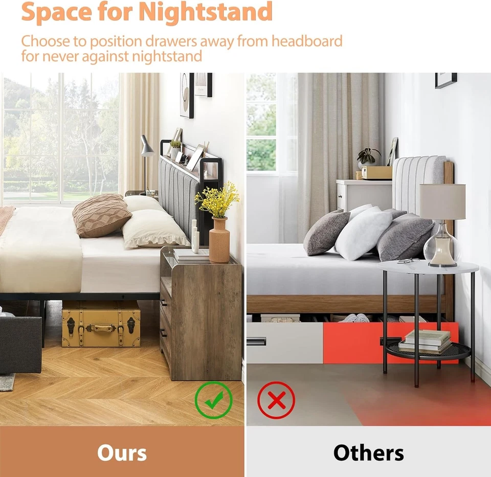 Marco de cama tamaño completo con 2 cajones de almacenamiento cabecero tapizado plataforma metálica Foto 4 de 4