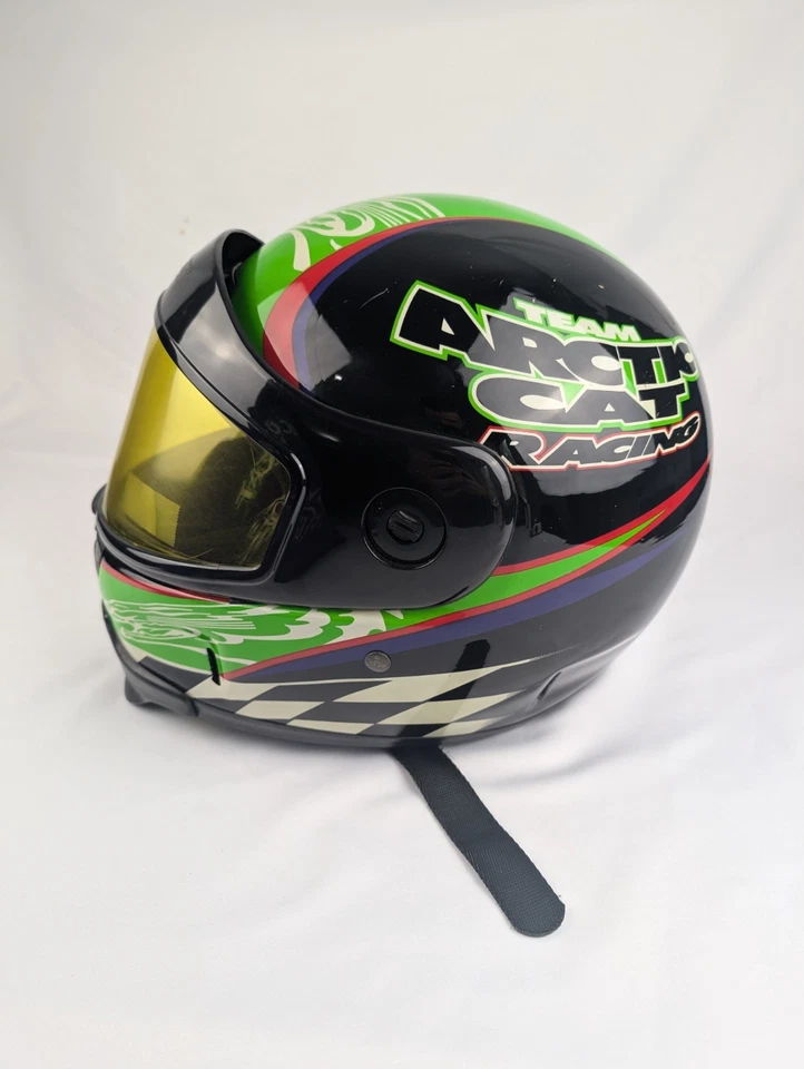 Casco de carreras de motos de nieve Team Arctic Cat talla S con funda verde años 90 Foto 3 de 4