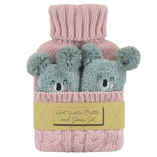 Camel Knit 1.5L Hot Water Bottle & Cosy Animal Socks Gift Set – Pink or Beige