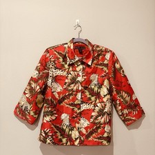 Silkland Red Animal Print Silk Blouse Collared Button 3/4 Sleeve Size M Vacation