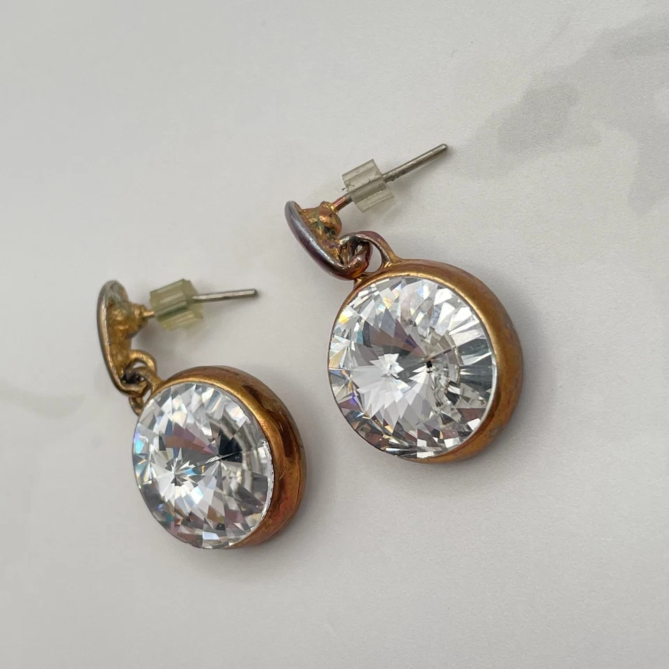 Vintage VTG Cubic Zirconia Drop Earrings Clear CZ Copper Patina Post Dangle 15mm - Image 3 of 4