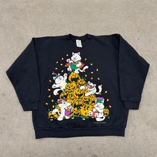 Vintage Halloween Cats 80s 90s Sweatshirt Mens Medium Black Fleece Long Sleeve