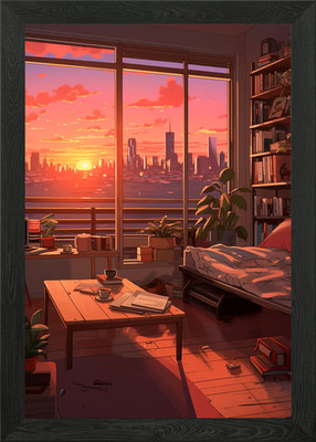 Lofi Sonnenuntergang Stadtbild Zimmer gerahmtes Wandbild Poster Leinwanddruck Bild