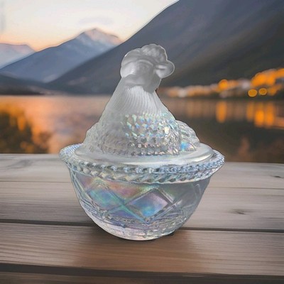 Mosser  5'' Crystal Glass Covered Chicken on Woven Nest W Satin Head & Split Tail