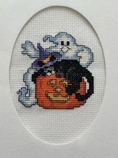 COMPLETED FINISHED CROSS STITCH CARD "HALLOWEEN PUMPKIN BLACK CAT & BOO”