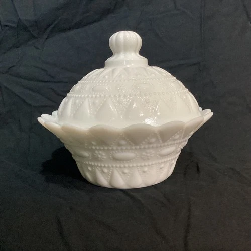 Vintage Kemple Milk Glass Covered Dish Lace and Dewdrops Pattern