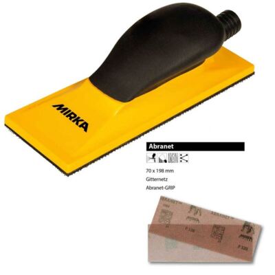 Mirka Hand Block 70 x 198mm 22 Hole Hook and Loop Yellow + 30x Abranet P80 P120 P180