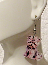 Cute Brown Dog with Pink Bow Design Dangle Earrings Adorable 1" Dangles