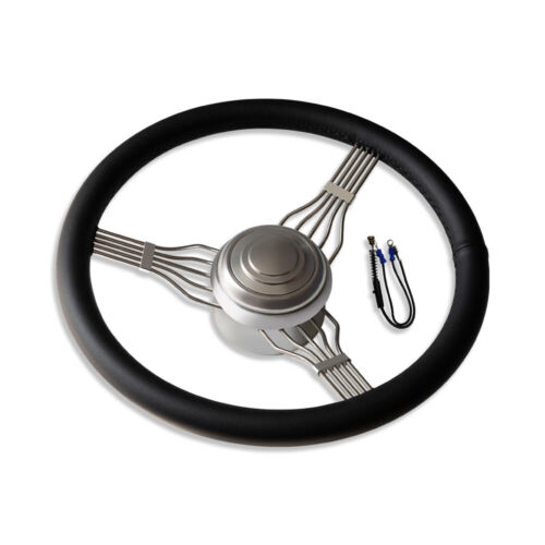 15" Chrome Full Wrap Black Steering Wheel w/Built-in Adapter & Horn Button - Picture 7 of 8