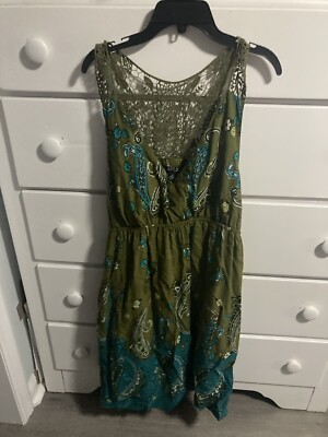 Apt 9 Dress Boho Style Embroidered Back Green Aqua Paisley Print Sleeveless  Sz M | eBay