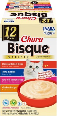 INABA Churu Bisque Cat Treats   Tuna & Chicken, Vitamin E, 12 Pouches, 1.4 oz