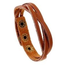 Womens Boho Festival Light Brown PU Vegan Leather Braided Snap On Bracelet
