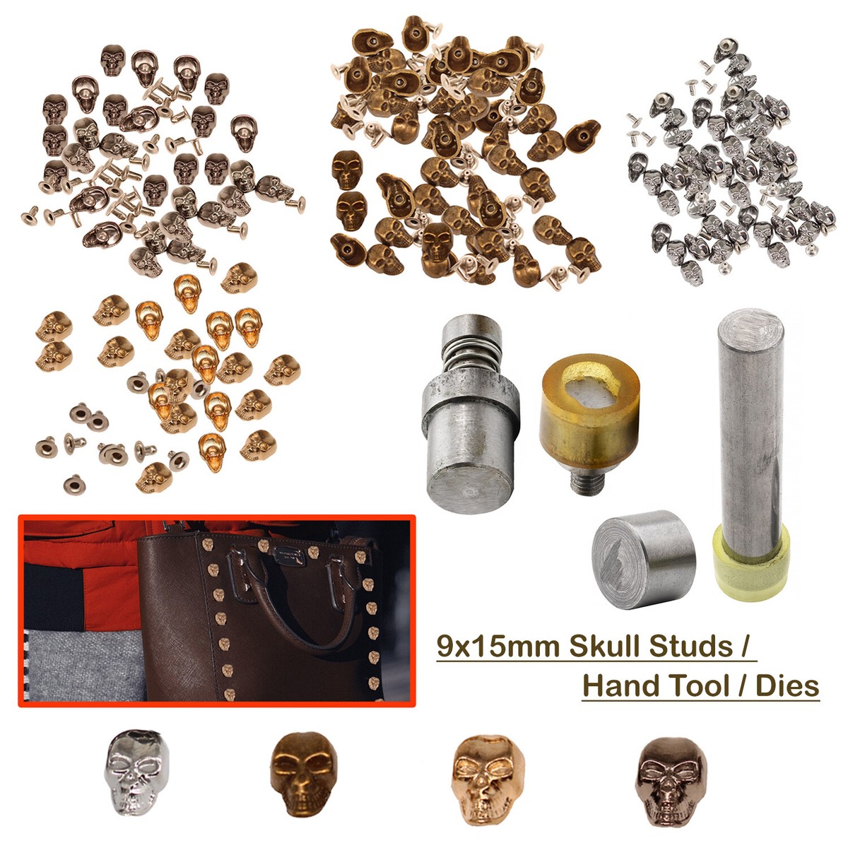 Punk Studs Skull Shape Rivets with Fixing Hand Tools Dies Clothing 