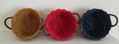 Set of 3  Small Assorted Weave Baskets,Multi use/Decorative, Leather Handle, New