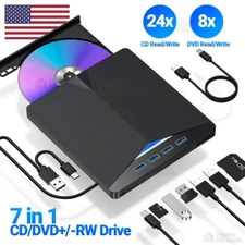 7-in-1 Slim External CD DVD Drive USB 3.0 Reader Writer Burner Player For Laptop