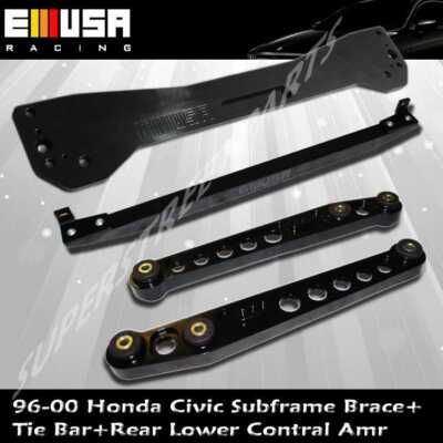 EMUSA BLACK Rear Lower Control Arm+Subframe Brace+Tie Bar FOR  96-00 Honda Civic