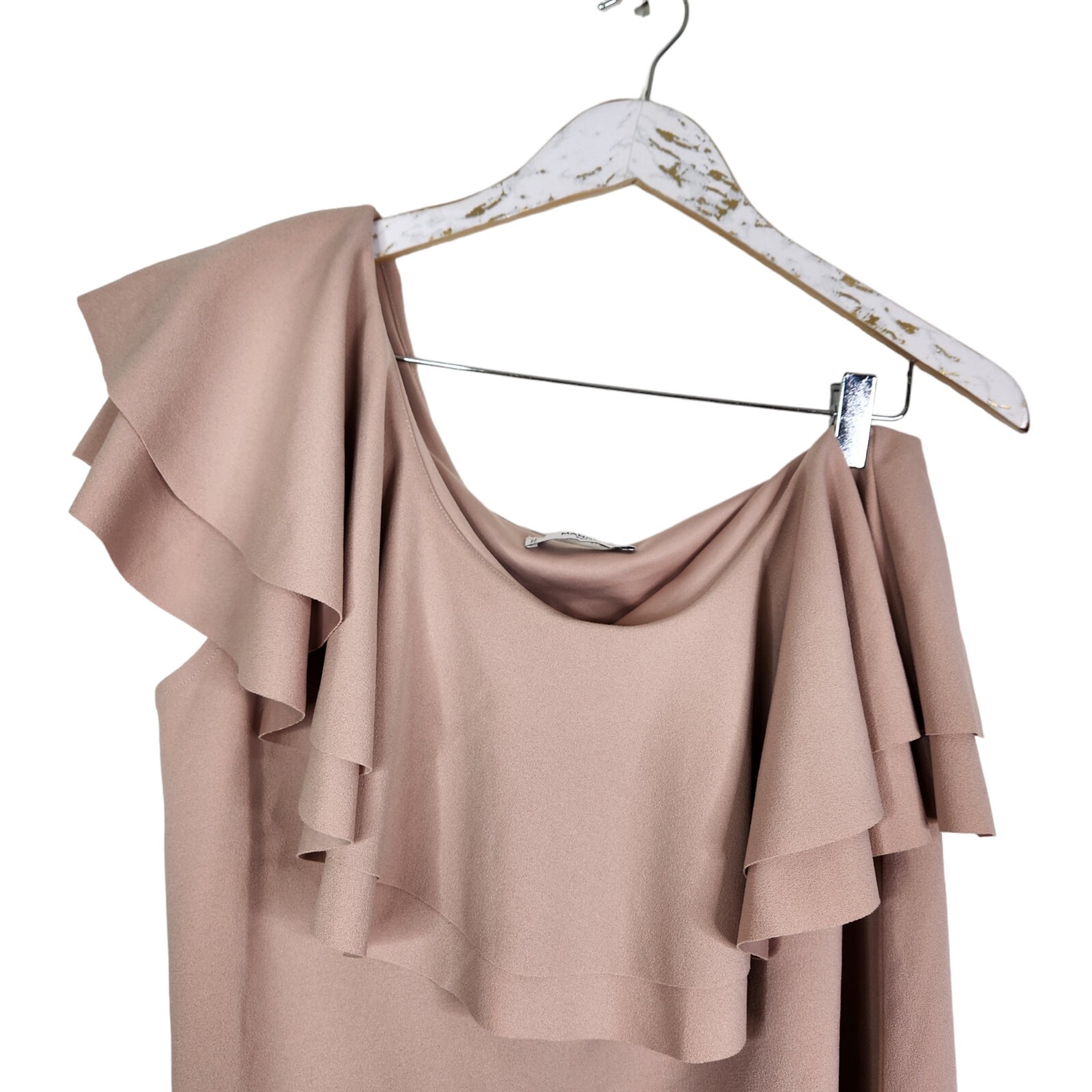 MANGO Dress Womens Medium Pink Villa Asymmetrical Ruffle One Shoulder Dress thumbnail 2