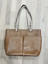 Michael Kors Bedford Pebbled Leather Medium Pocket Tote Shoulder Bag Brown Acorn