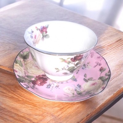 Han's Beloved Bone china White Teacup & Pink Saucer W/ Roses ￼ Gold Trim ￼