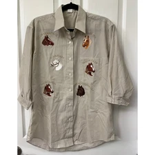 Horse stitched shirt long sleeve medium brown and cream stripe Vintage beaded