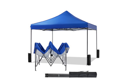 10x10 FT portable tent with tilt stand and carrying bag, easy to set up, blue.