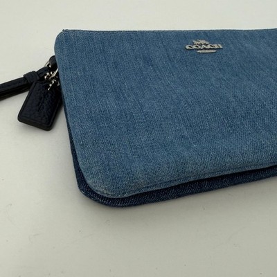 Coach Corner Double Zip Wristlet Wallet Signature Denim Leather
