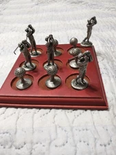 Golf Tic Tac Toe Game Pewter Figurines & Wood Board Game 5 Men 5 Golf Balls Set