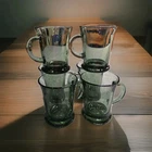 Set of 6 Vintage Anchor Hocking Green Pedestal Coffee Mugs-With Bouse Stand