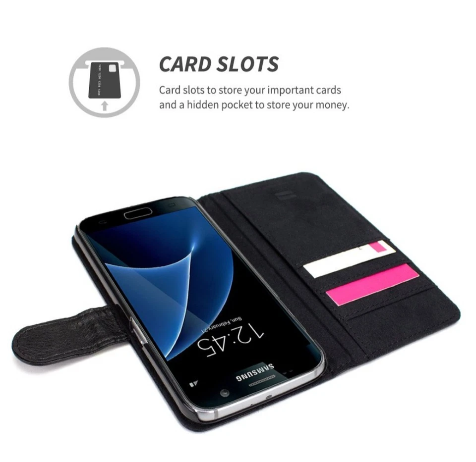 Funda tipo billetera de cuero cómoda para Samsung Galaxy S7 - negra Foto 2 de 4