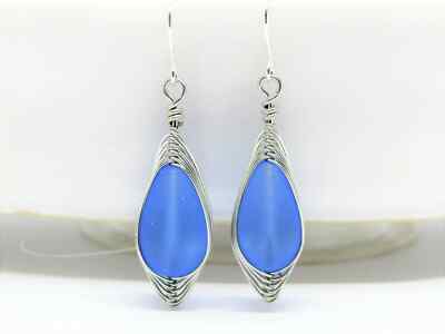 Sterling Silver Teardrop Earrings Frosted Sea Glass Silver Wire Braided Ladies