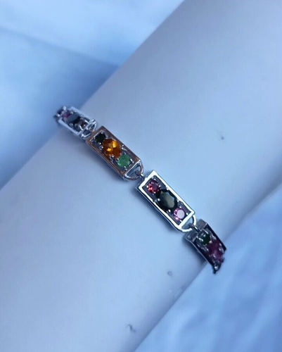 Pulsera rectangular de piedras preciosas ovaladas de turmalina de plata de ley 925 hecha a mano joyería - Imagen 12 de 14