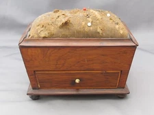 Antique FEDERAL/EMPIRE Rosewood Veneer Casket Form SEWING BOX-Pincushion Top