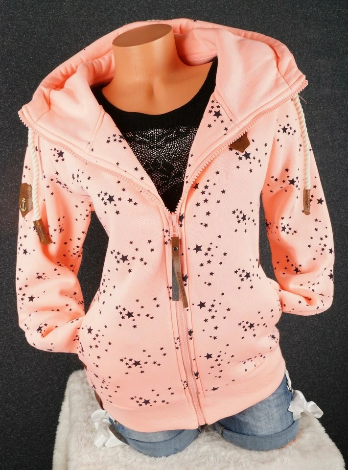 Damen Sweat Jacke Kapuze Hoodie Fleece gefüttert Übergangsjacke Sterne StarM-3XL - Bild 2 von 4